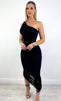 NEBBIE FRINGE ONE SHOULDER MIDI (BLACK)