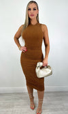 NADIA RUCHED MIDI DRESS (CAMEL)